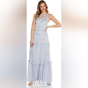 Adrianna Papell Beaded Sequins Tiered Gown Glacial Blue Dusty Cornflower New Tag